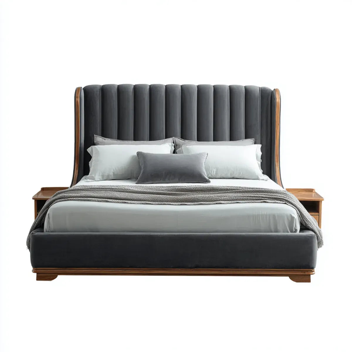 Polsterbett Doppelbett Anthrazit Braun 180 x 200 cm Polyester-Samt Massivholz Rechteckig mit integrierten Nachtablagen